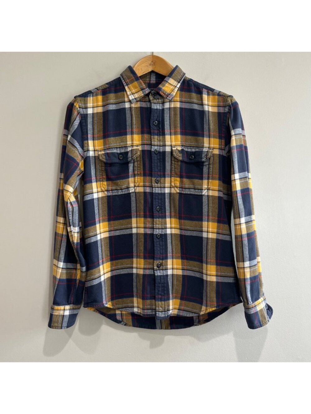 American Eagle Plaid Flannel Button Down Shirt Mens S Navy/Yellow Athletic Fit